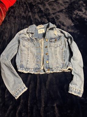EVIDNT Light Wash Distressed Cropped Denim Jacket